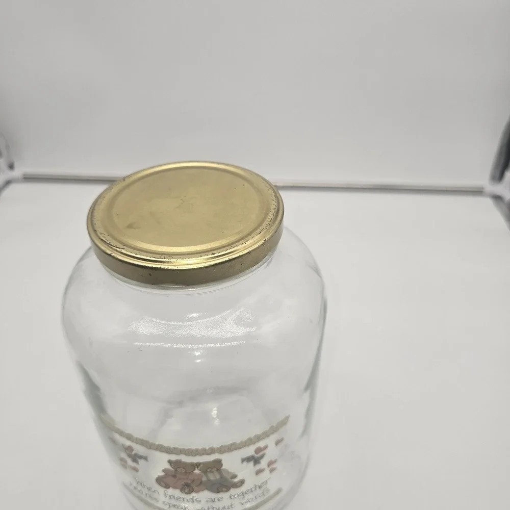VTG Glass Teddy Bear Storage Jar Pastel Hearts Cottagecore Retro Farmhouse Decor